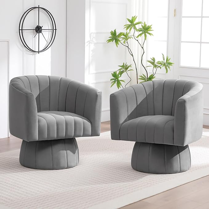 Swivel Accent Barrel Chair, Cute Comfy Small Round 360° Arm Chair. Velvet Sofa Club Reading Chair for Living Room Bedroom Office Grey