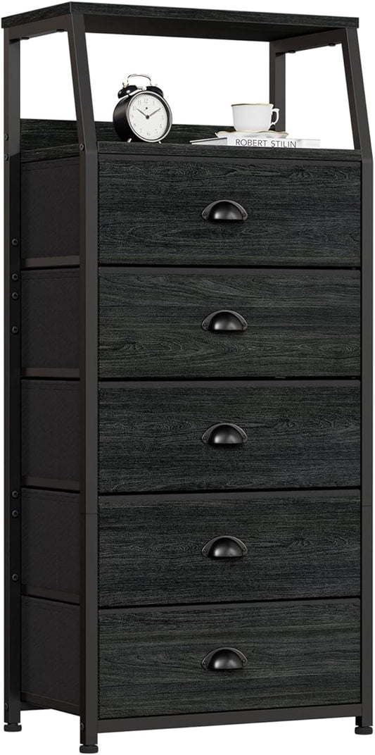 Furnulem Black Dresser with 5 Drawers, Vertical Storage Tower Fabric Dresser for Bedroom, Hallway, Entryway, Nursery, Closet Organizer, Nightstand Bedside Table Furniture, Sturdy Steel Frame, Wood Top by Furnulem