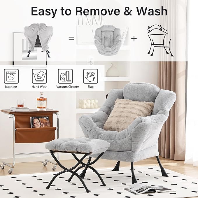 Lazy Chair with Ottoman, Large Light Grey Accent Chair with Ottoman and FA Throw Pillow, Comfy Plush Reading Chair for Living Room Bedroom Dorm Room Office Apartment Relaxing Use
