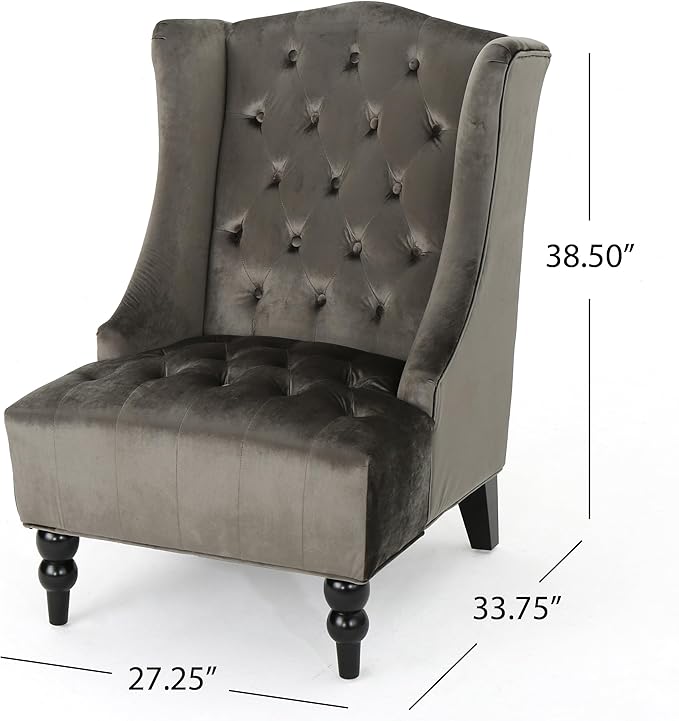 Modern Wingback Accent Chair, Tufted Velvet Couch Sofas with High Back Thick Padded Cushioned Seats for Living Room, Victorian Style, Grey