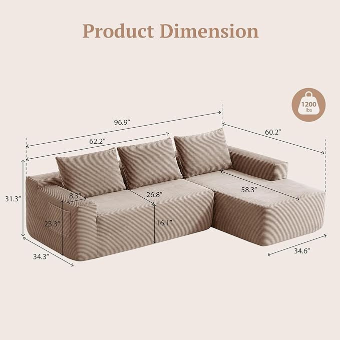 97inch Boneless L-Shaped Sectional Sofa with Throw Pillow & Side Pockets- No Assembly Compressed Modular Couch, Memory Foam, Deep Seat for Living Room, Bedroom, Apartment Camel Right