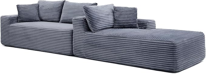 105-Inch L-Shaped Right Facing Corner Compressed Sofa Modular Sectional Boneless Cloud Sofa Floor Foam Couch with Chaise Lounge, Corduroy Corner Boneless Cloud Couch