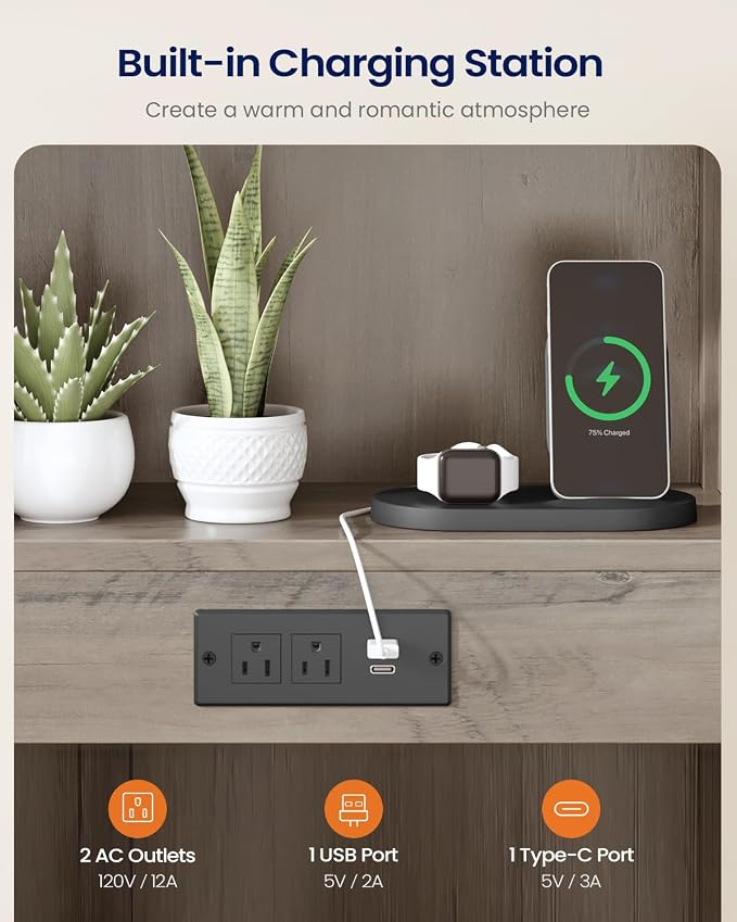 Farmhouse Tall Nightstand Set of 2 with Charging Station and 2 Drawers,Led Night Stand Set of 2 with Bookshelf,Bedside End Side Table with Storage Shelves for Bedroom, Grey - Image 6