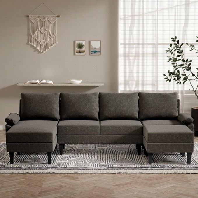 Sectional Couches for Living Room Furniture Sets, 4 Seat U Shaped Sectional Couch with Storage, Adjustable Sofa with Armrests and Ottoman for Apartment, Dark Brown