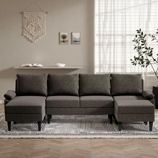 Sectional Couches for Living Room Furniture Sets, 4 Seat U Shaped Sectional Couch with Storage, Adjustable Sofa with Armrests and Ottoman for Apartment, Dark Brown
