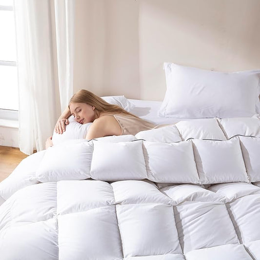 DOWNCOOL Feather Down Fiber Comforter King Size, 100% Cotton Ultra Soft Fluffy Duvet Insert King, All Season Luxurious Hotel Bedding Comforters with Corner Tabs, White 106"x90"
