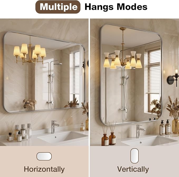 20x30 Inch Bathroom Mirrors for Over Sink, Brushed Nickel Rectangle Mirror for Bathroom or Entryway, Wall Mounted Vanity Mirror with Aluminum Alloy Frame&Tempered Glass, Hangs Horizontally/Vertically - Image 6