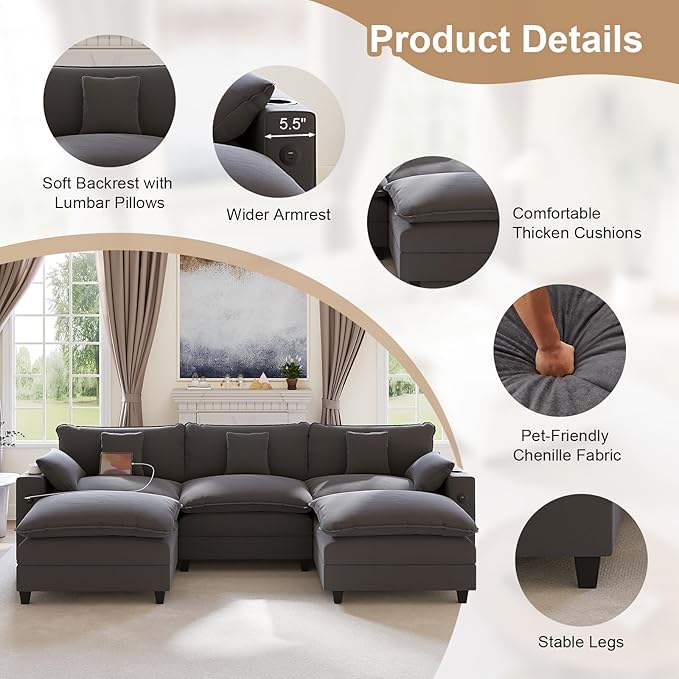 116" Modular Sectional Sofa, U Shaped Cloud Couch with Movable Ottoman, Chenille Deep Seat Cloud Sofa with Charging Station, Cup Holder, Side Pocket, Sectional Couches for Living Room, Grey