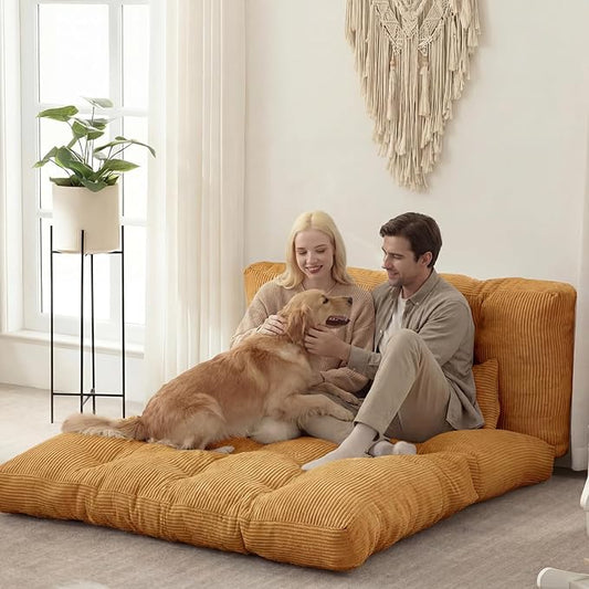 Folding Sofa Bed, Convertible Sleeper Chair with Pillow Foldable Mattress with Back Support, Portable Fold Out Chair Bed Comfy Floor Sofa Lounge for Living Room Bedroom, Yellow Full 80x54 Inch