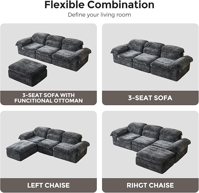 115.7" L Shaped Modular Sectional Sofa with Ottoman, Cloud Boneless Couch, Upholstered Sofa in a Box, Flexible Module Combination for Living Room, No Assembly, Grey