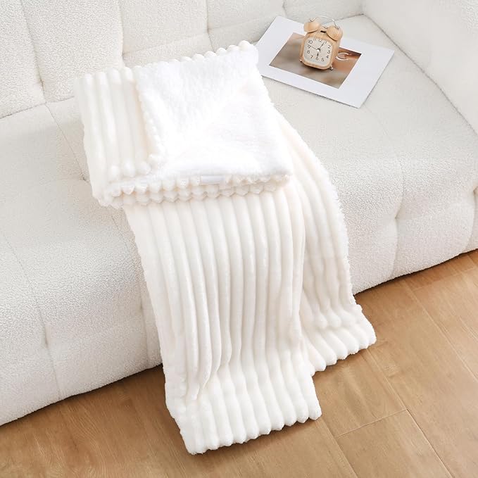 Cream White Sherpa Fleece Throw Blanket 60”×80” for Couch Sofa Bed,Double Side Soft Fuzzy Cozy Plush Thick Flannel Blanket with Striped Design,Gift for Adults,Woman,Girls