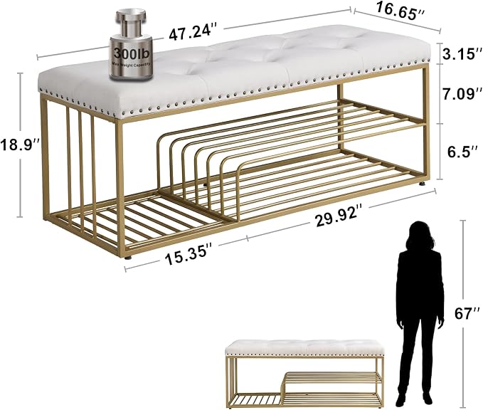 Linen Bench with Storage-Entryway Shoe Storage with Tufted Padded Seat,Gold Mental Frame Ottoman Bench for Bedroom Entry Window Mudroom Living Room,Beige - Image 2