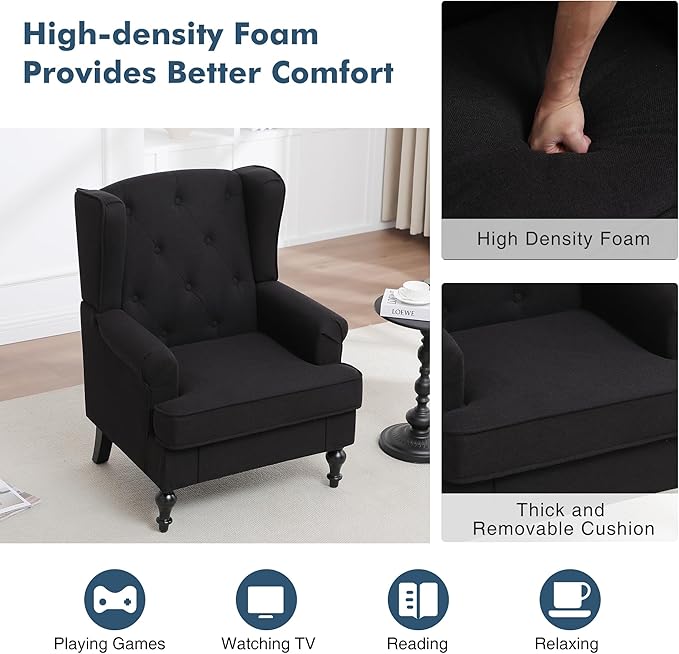 Accent Chair for Living Room, Mid Century Modern Upholstered Armchair, Wingback Chair with Tufted High Back and Solid Legs, Comfy Side Chairs Single Sofa for Bedroom, Black