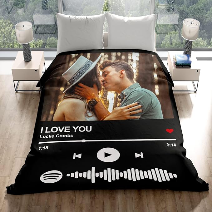 Printwoo Personalized Spotify Code Music Blanket Custom Blanket with Picture Text Customized Blankets Thows Photo Blankets Customize Gifts for Mom Dad Couple Girlfriend Boyfriend Wife Husband
