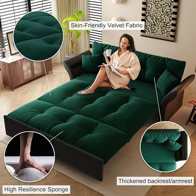 74.8" Queen Size Pull Out Sofa Bed, 3-in-1 Convertible Sleeper with 2 Pillows, Tufted Velvet Loveseat for Living Room, Apartment, Bedroom Small Spaces, Green | 3-in-1 Convertible, Pull Out Sofa Bed, Velvet Sofa Bed