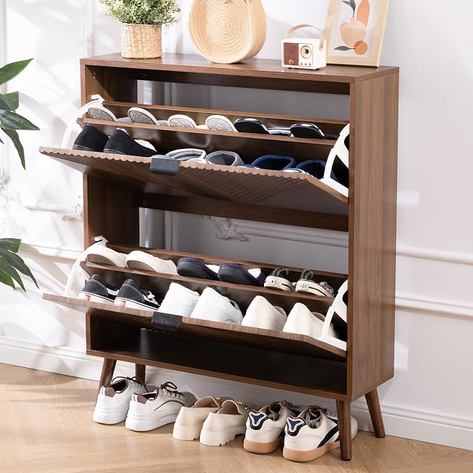 oakvivo Shoe Cabinet Storage, Farmhouse Freestanding Organizer with 2 Flip Drawers and 4 Wooden feet, Narrow Shoe Rack Cabinet for Entryway, Foyer, Hallway, Walnut - Image 3