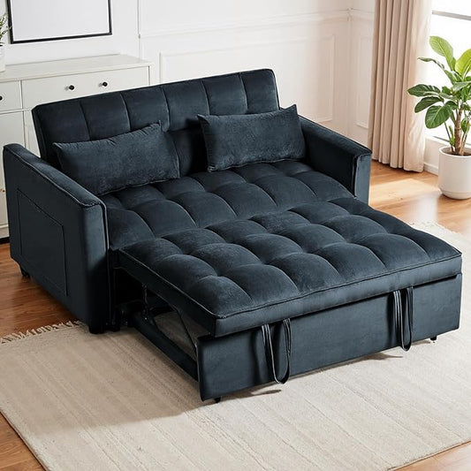 3 in 1 Pullout Sofa Bed, Convertible Loveseat Sleeper Couch Bed with 2 Pockets & 2 Pillows for Living Room, Black