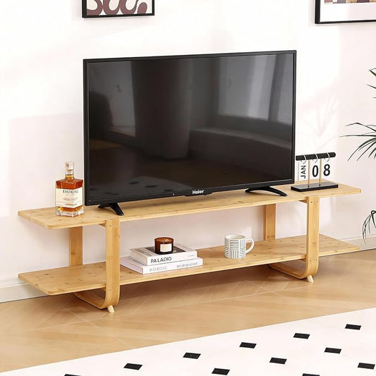 Tiita Bamboo TV Stand for 55 Inch TV, Entertainment Center with 2 Open Shelf, Mid Century Modern Media Console for Living Room, Bedroom, Wood by TiitaHome