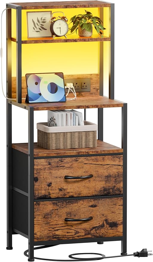 Furnulem Night Stand, Tall Nightstand with 4-Tier Shelves, 2 Fabric Drawers and LED Lights, Bed Side Tables with Charging Station, Bedside Table for Bedroom, Office, Rustic Brown - Image 9