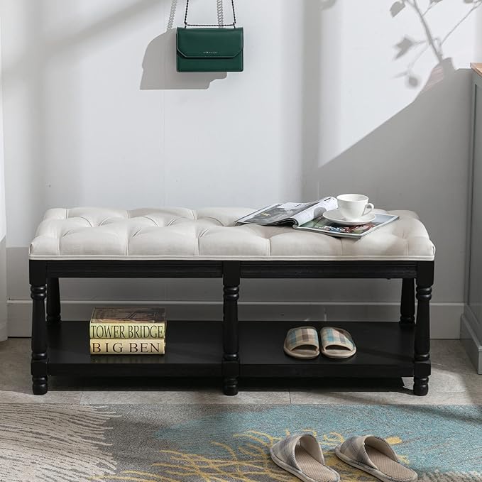 Farmhouse Storage Bench Wooden Entryway Linen Upholstered Ottoman Button Tufted Bench with Black Legs for Bedroom End of Bed Hallway Organizer, Beige, 45 Inch by Janoray