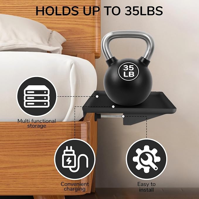 Bedside Shelf for Bunk Beds & Top Bunk, Clip On Nightstand with Cable Catch, White, 35lbs Capacity, College Dorm Room & Kids Room (Black) - Image 6