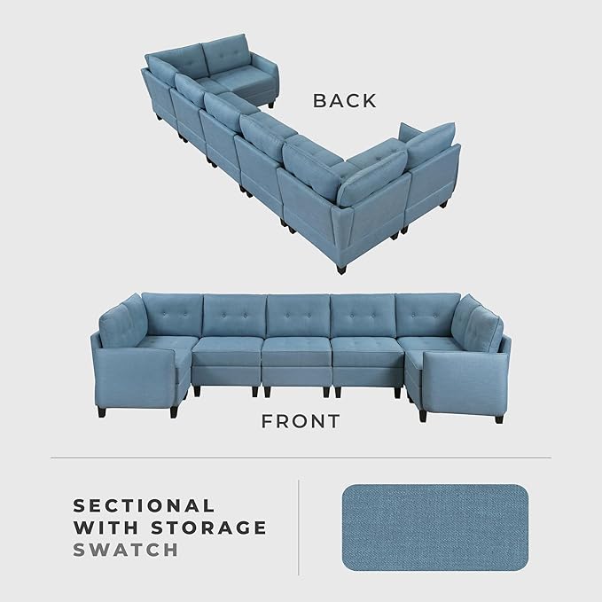 Lexicon U Shape Sectional Couch with Hidden Storage, Textured Fabric Modular Sectional Sofa with Button-Tufted Design, Reversible Back Cushion, 7 Seater Large Sofa, Blue