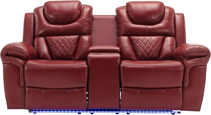 ERYE 73-Inch Oversized Manual Reclining Sofa with LED Strip and Cupholders for Living Room Home Theater, Multifunctional Faux Leather Loveseat Manual Recliner Couches | Storage Console