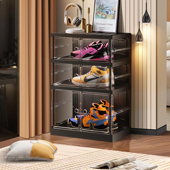 CIMLORD 3 Tier Foldable Shoe Rack for Closet Entryway 3-6 Pairs Stackable Clear Shoe Storage Boxes with Lids Small Shoes Shelf with Door Plastic Organizer Cabinet Easy Assembly Black - Image 5