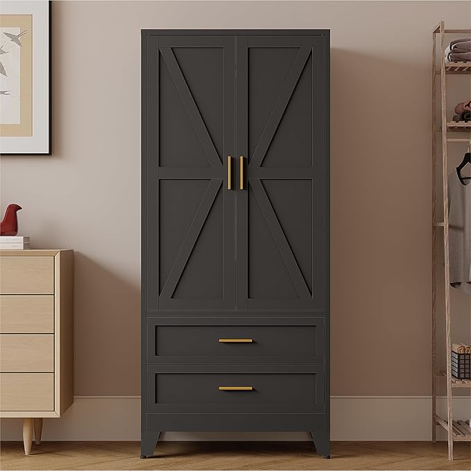 71" Tall Metal Armoire Wardrobe Closet,17.7" Deep By 31.5" Wide Portable Closet for Hanging Clothes,Wardrobe Cabinet with Drawers and Shelves for Bedroom Office Garage,Black 1 Pack