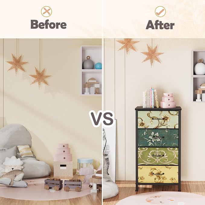 Furnulem 4 Drawer Dresser, Vertical Nightstand for Kids, Adult, Fabric Chest of Drawers for Bedroom, Living Room, Closet, Nusery, Storage Tower Unit Retro Style Furniture, Wood Desk Top - Image 9