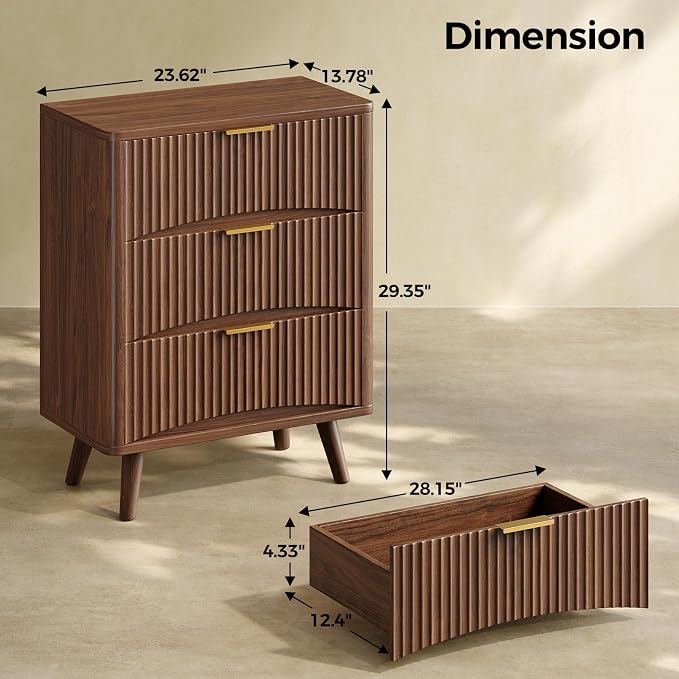 Evermagin 29'' Tall Fluted Nightstand, Walnut Night Stand with 3 Drawers, Wooden Bedside Table, Mid Century Modern Side Table for Bedroom - Image 2