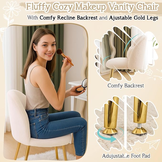 VINGLI Boucle Girls Vanity Chair with Back & Pillow,Cute Small Cozy Desk Chair No Wheels,Comfy Makeup Ch with Ajustable Gold Legs,for Bedroom,Living Room,Small Space,Khaki
