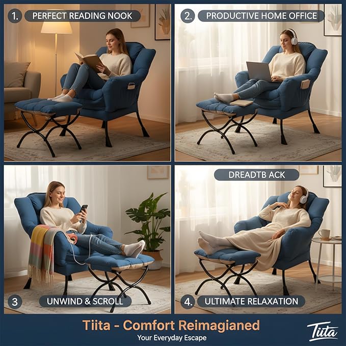 Tiita Lazy Chair with Ottoman, Blue Modern Large Accent Chair, Comfy Leisure Sofa Armchair with Ottoman, Reading Chair with Footrest for Bedroom, Living Room, Dorm Rooms, Blue