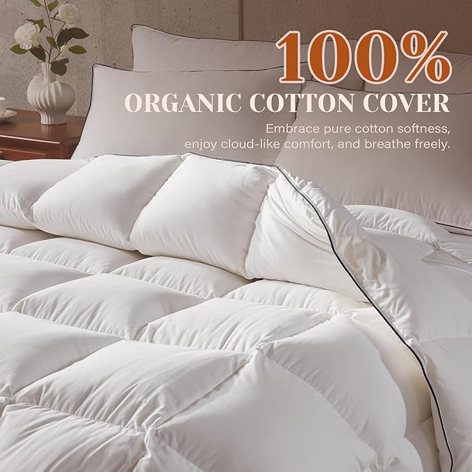 Goose Feather Down Fiber Comforter Full Size, Fluffy Cotton Quilted White Duvet Insert, Ultra-Soft, Breathable, Luxury Bedding Comforter All Season Medium Warmth with Corner Tabs, 82x 86Inch
