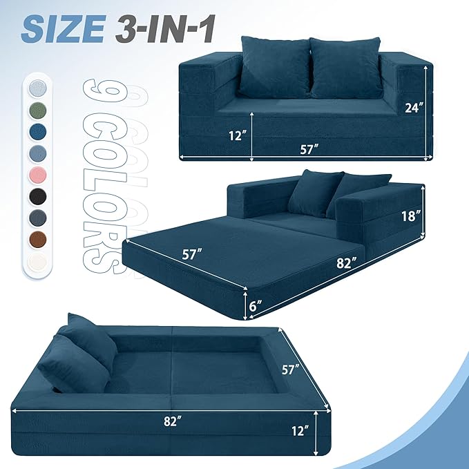 Futon Sofa Bed with Pillow, 3-in-1 Sleeper Sofa Bed with Removable Cover, Convertible Floor Sofa Bed, No Assembly Boneless Couch for Living Room, Bedroom