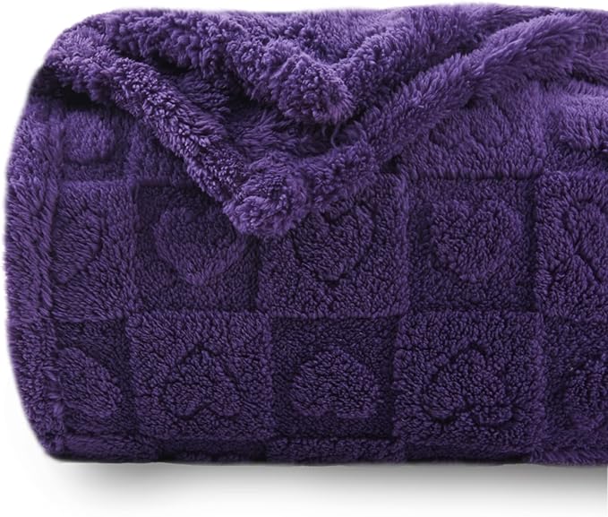 NEWCOSPLAY Super Soft Throw Blanket Purple Premium Silky Flannel Fleece 3D Heart Checkered Lightweight Bed Blanket All Season Use (Purple Heart, Throw(50"x70"))