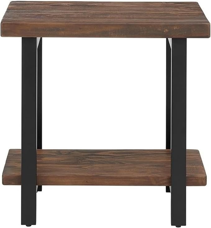 Alaterre Furniture Pomona Living Room Tables – 2-Tier Solid Wood End Table with Natural Finish and Metal Legs – Modern Farmhouse Accent or Home Décor (Rustic Brown)