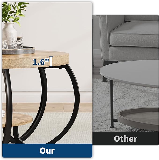 GarveeHome Round Coffee Table 30 in Center Table, 2-Tier Coffee Table Industrial Accent Tables with Adjustable Feet, Living Room Tables with Storage Shelf and Designed Wood Grain, Easy Assemble