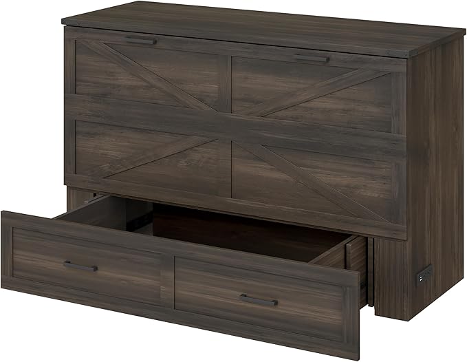 Bellemave Queen Murphy Bed, Cabinet Bed with Charging Station and Storage, Farmhouse Murphy Cabinet with Foldable Panel, Noisy Free, for Guest Bedroom, Living Room, Office, Rustic Gray