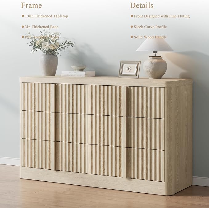 YANSNWO Fluted Dresser for Bedroom, 47" Wide 6 Drawer Dresser, Curved Profile Design, Modern Chest of Drawers with Solid Wood Handle for Bedroom, Living Room, Hallway, Natural Oak - Image 4