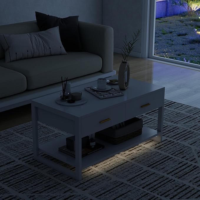 Coffee Table with Sensor Light - Modern Storage Coffee Table with Drawers and Shelf for Living Room, Office, Outdoor