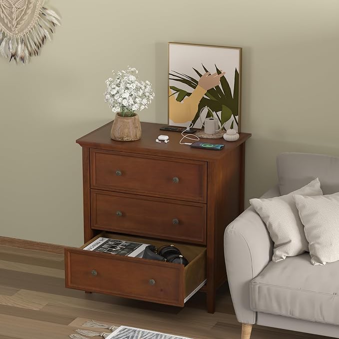 IKENO 3 Drawer Nightstand with Charging Station, Solid Wood Caramel End Table with USB Ports & Outlets, Modern Bedside Table with Storage Drawers for Bedroom, Living Room, 27.6" W x 16.8" D x 26.8" H - Image 6