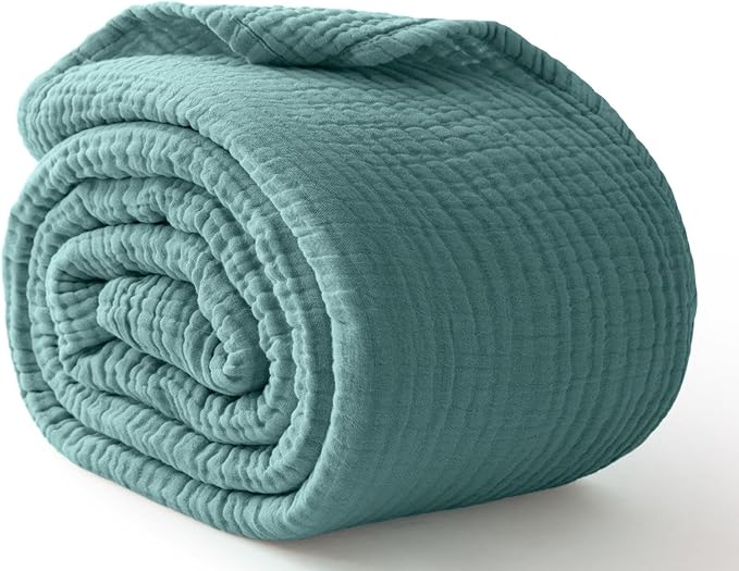100% Cotton Muslin Blanket Twin XL 66" x 90", Breathable and Cooling Bed Blankets, Soft Boho Bedspread, Gauze Bedding for Adults All Season, Turquoise, Teal