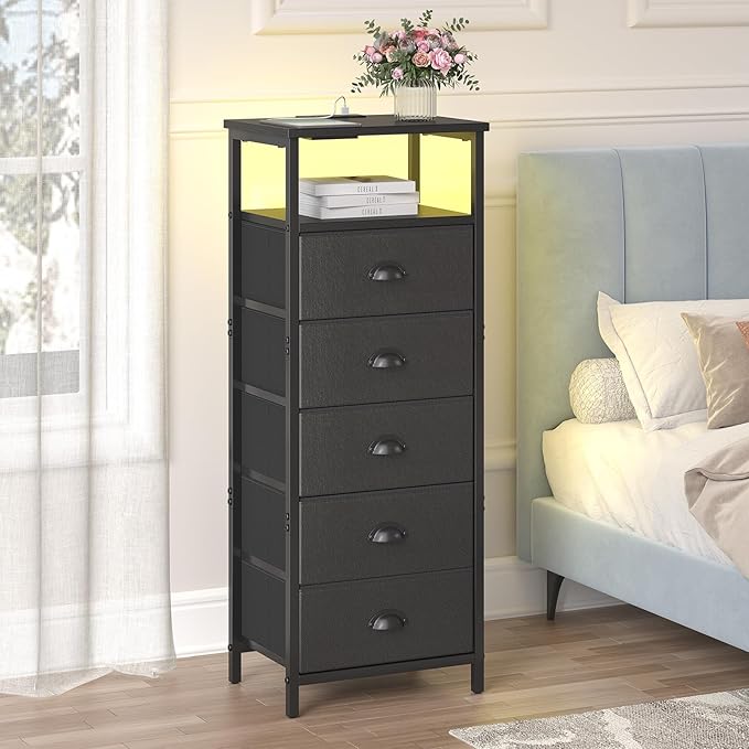 sthmec Nightstand with Charging Station,LED Black Nightstands with 5 Fabric Drawers PU Finish, Bedside End Tables, 2-Tier Open Storage Shelf Side Table Nightstand with Drawers for Bedroom, Black - Image 2