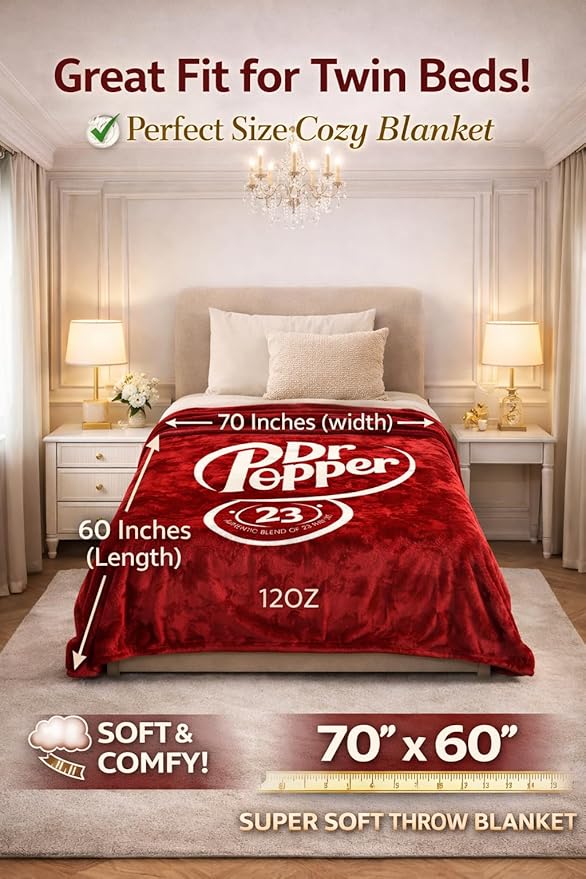 Dr Pepper Blanket 70x60 – Soft Thermal Flannel Fleece Throw, Soda Can Stuffed Plush Red Blanket for Couch, Bed, Car & Travel – Fun Home Decor Gift for Soda Fans.