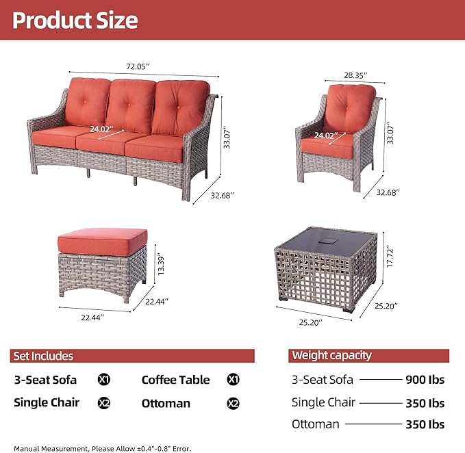 HOOOWOOO 6 Piece Patio Furniture Conversation Sets with Sola Light Table,Outdoor Wicker Furniture with Ottoman, All Weather Resistant Outside High Back Rattan Patio Set(Red)