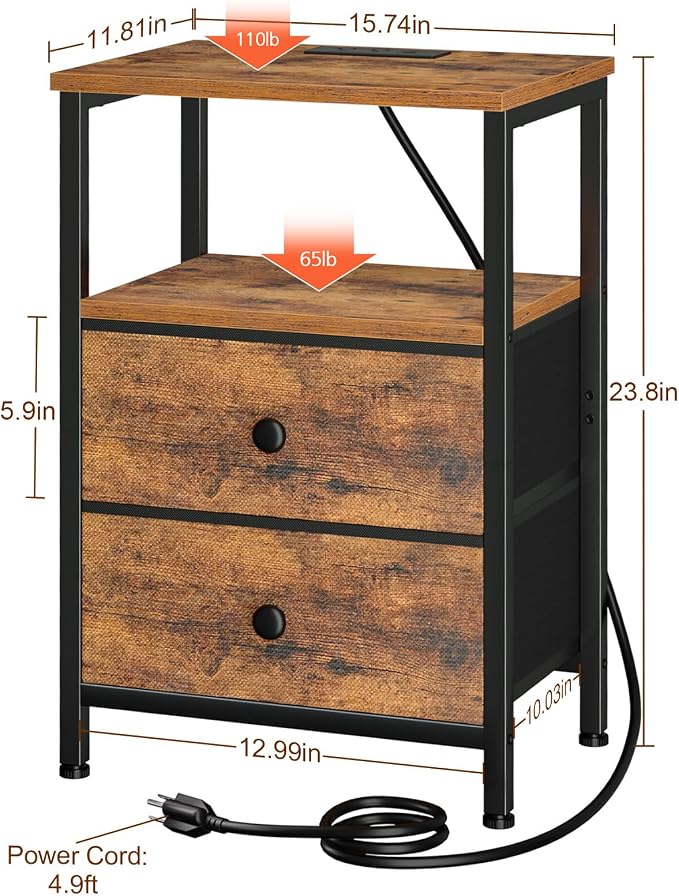 LOAKEKEL Night Stand with Charging Station, Small Bedside Table with 2 Fabric Drawers, Nightstand with USB Ports & Outlets for Bedroom, Brown, HETS020BR-1 - Image 3