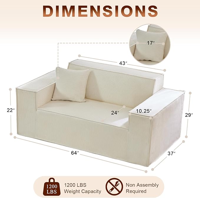 Corduroy Cloud Couch with Pillow, Premium Memory Foam, No Assembly Required, Deep Seat Sofa in Box, Space-Saving Chair for Home, Living Room, Bedroom, Apartment, Office, Loveseat, Beige
