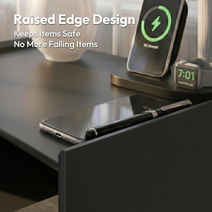 24" Tall Nightstand with Charging Station Including USB-C, Modern Bedside Table and Sofa End Table - Black, 2 Drawers, 1-Pack - Image 8