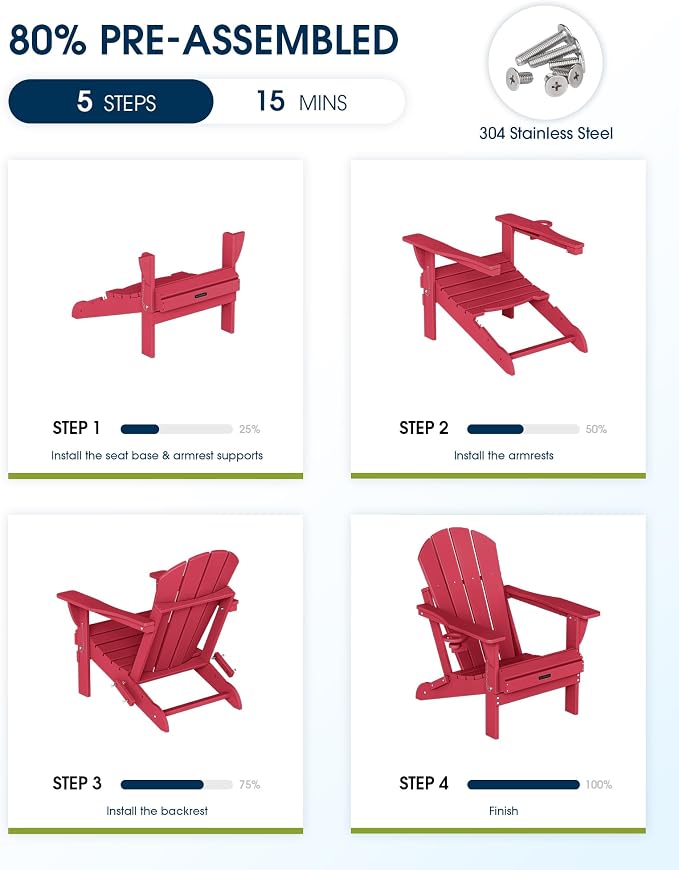MUCHENGHY Folding Adirondack Chairs, Patio Chairs, Lawn Chairs, Outdoor Chairs, Adirondack Chair Plastic, Fire Pit Chairs, Weather Resistant with Cup Holder for Deck, Backyard, Garden(Red) - Image 5